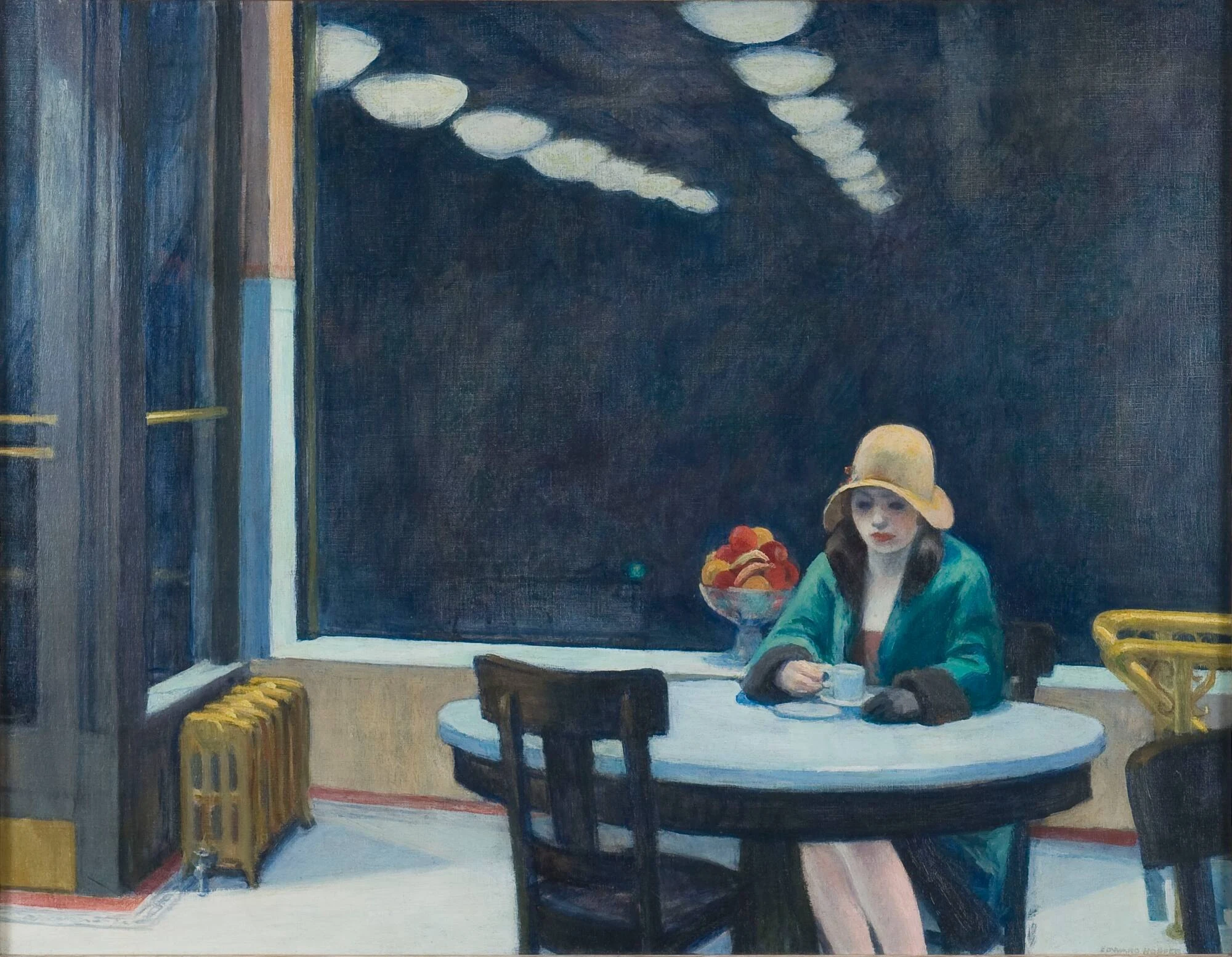 Edward Hopper’s Automat: a woman looks down at her cup beside a dark window reflecting rows of ceiling lights.