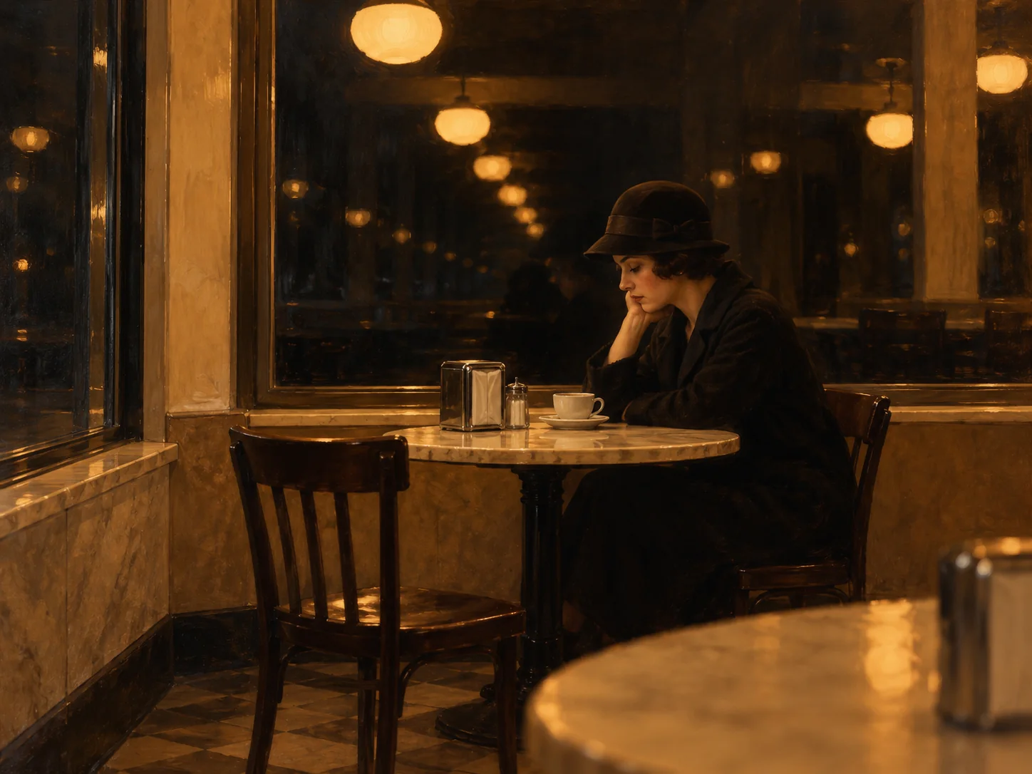 Warm painterly café scene with a woman leaning her head on her hand.