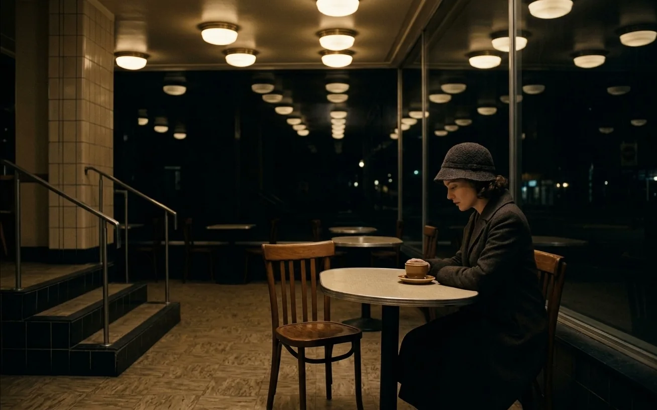 A lone woman in a wide café interior with added stairs and furniture on the left.