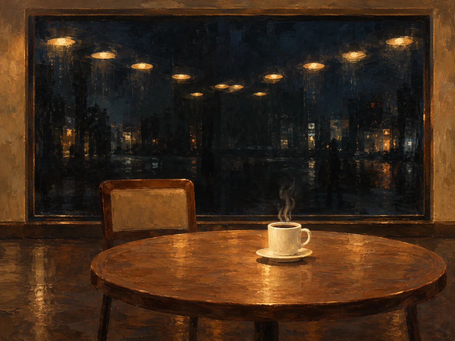 Empty café with a chair and coffee cup, reflected lights, and a cityscape beyond the window.