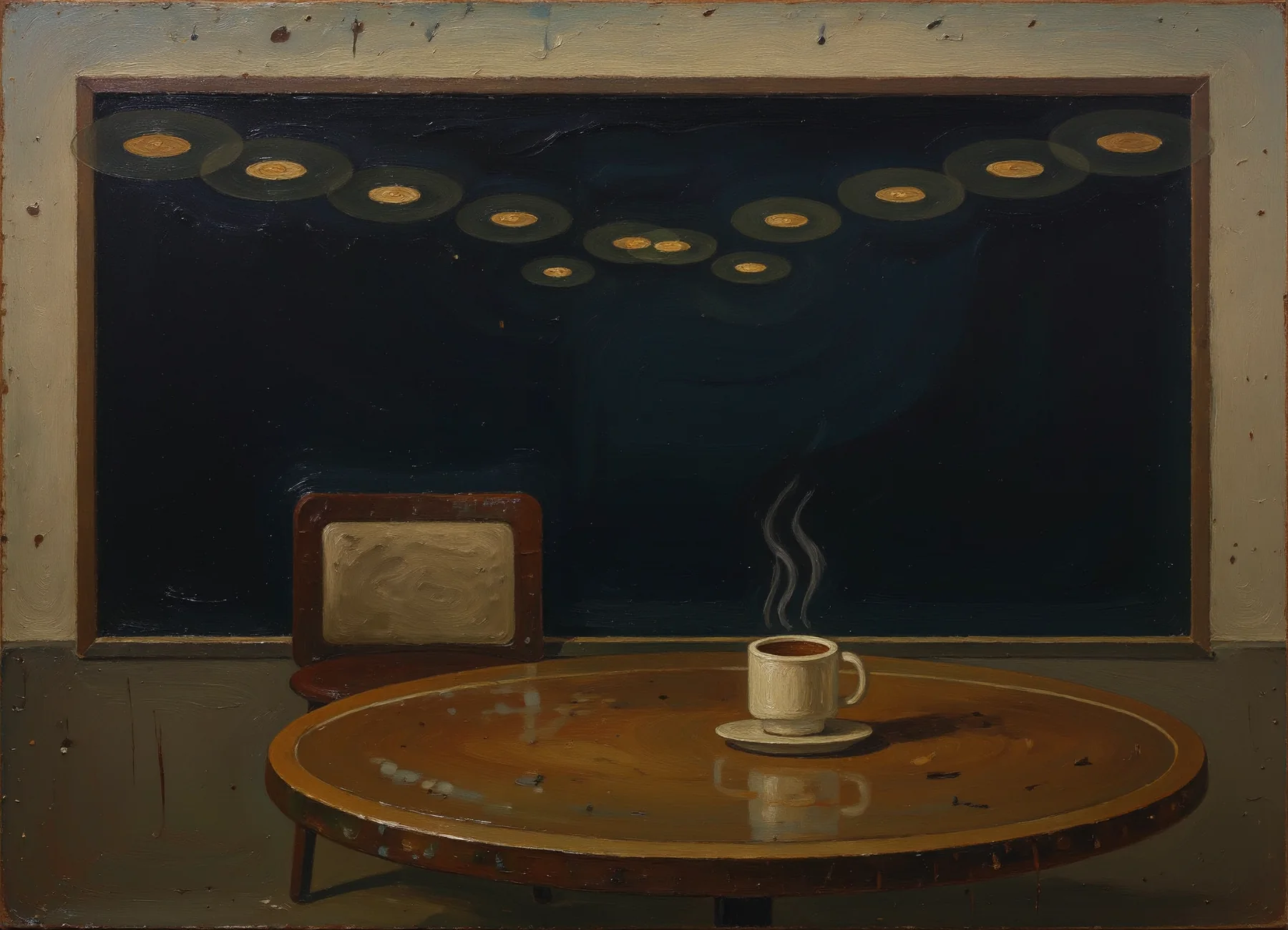 Empty café with simple chair, cup, oval table, and light geometry.