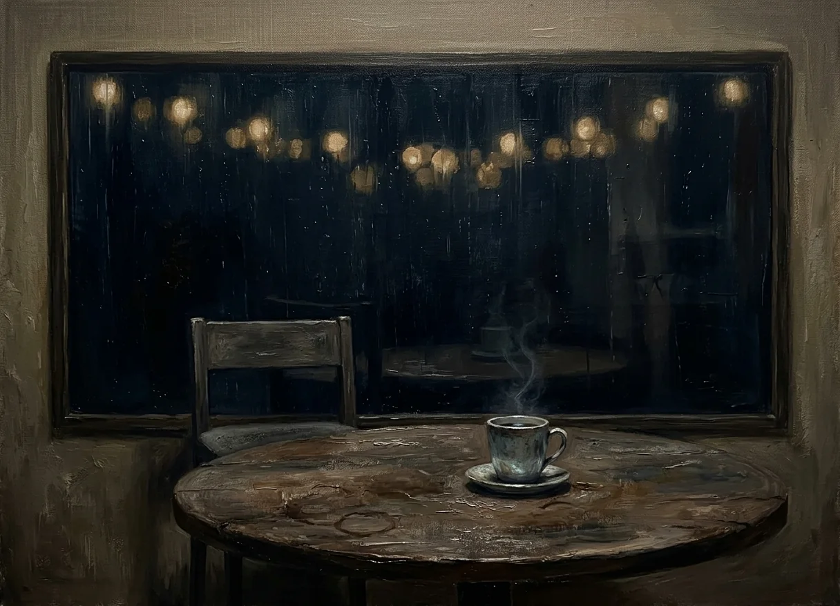 A dark, muted painting of an empty chair, wooden table, steaming coffee cup, and dark window with blurry light reflections.
