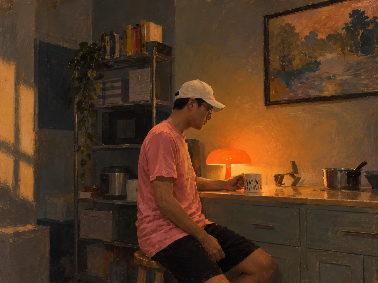 Cinematic kitchen scene with warm orange lamplight and added foliage on the shelf.