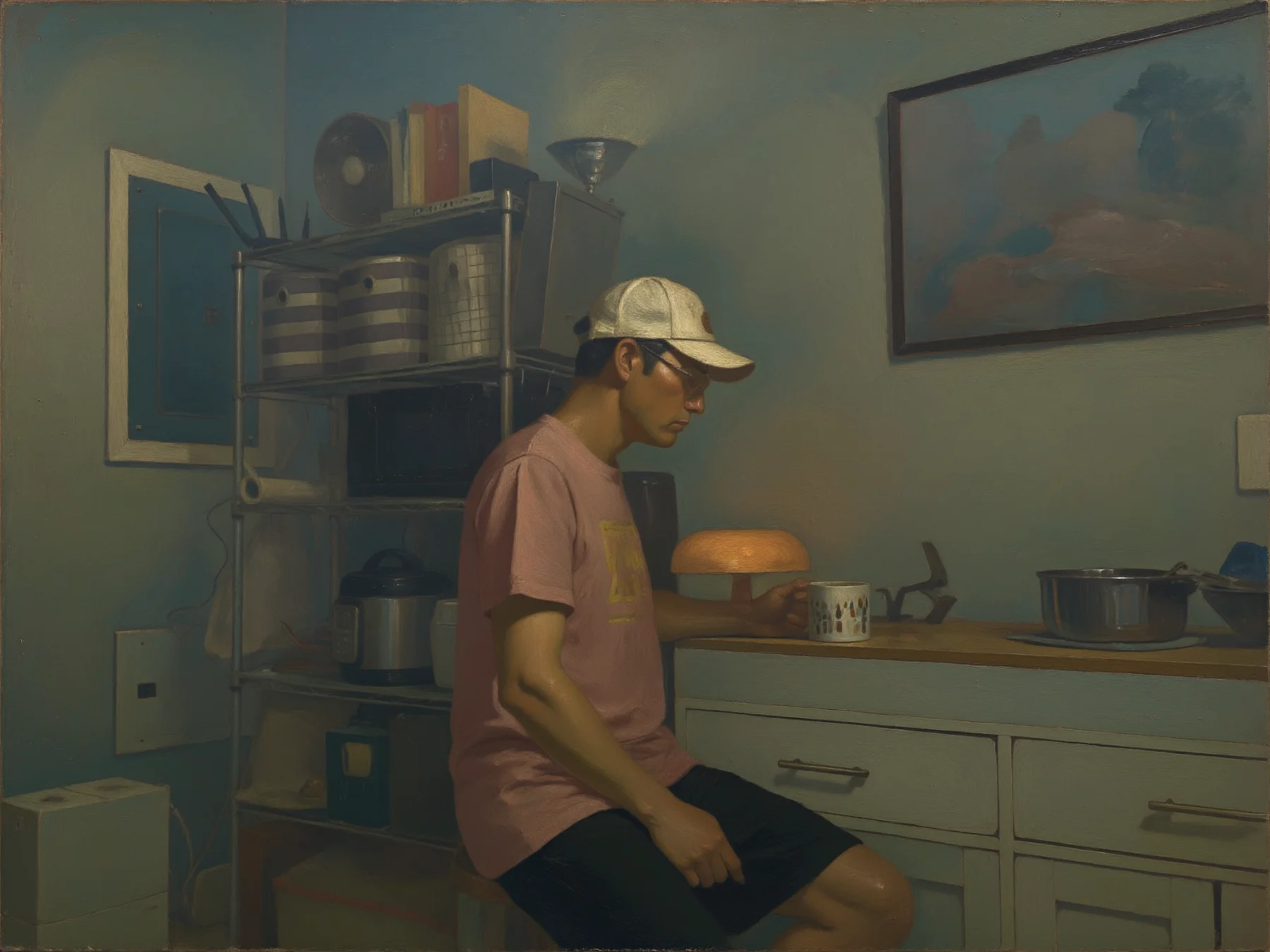 Muted painted interpretation of my kitchen photograph, retaining the cap, mug, shelves, and wall art.