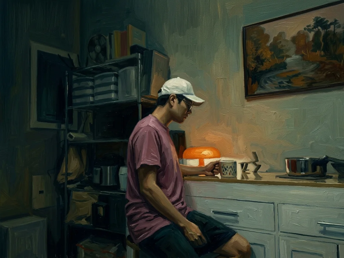 Expressive painterly interpretation of my seated pose and kitchen interior.