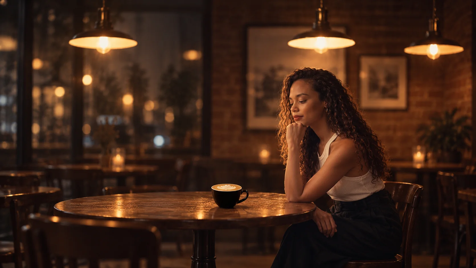 Photographic café interpretation integrating the woman with ambient light and additional furniture.