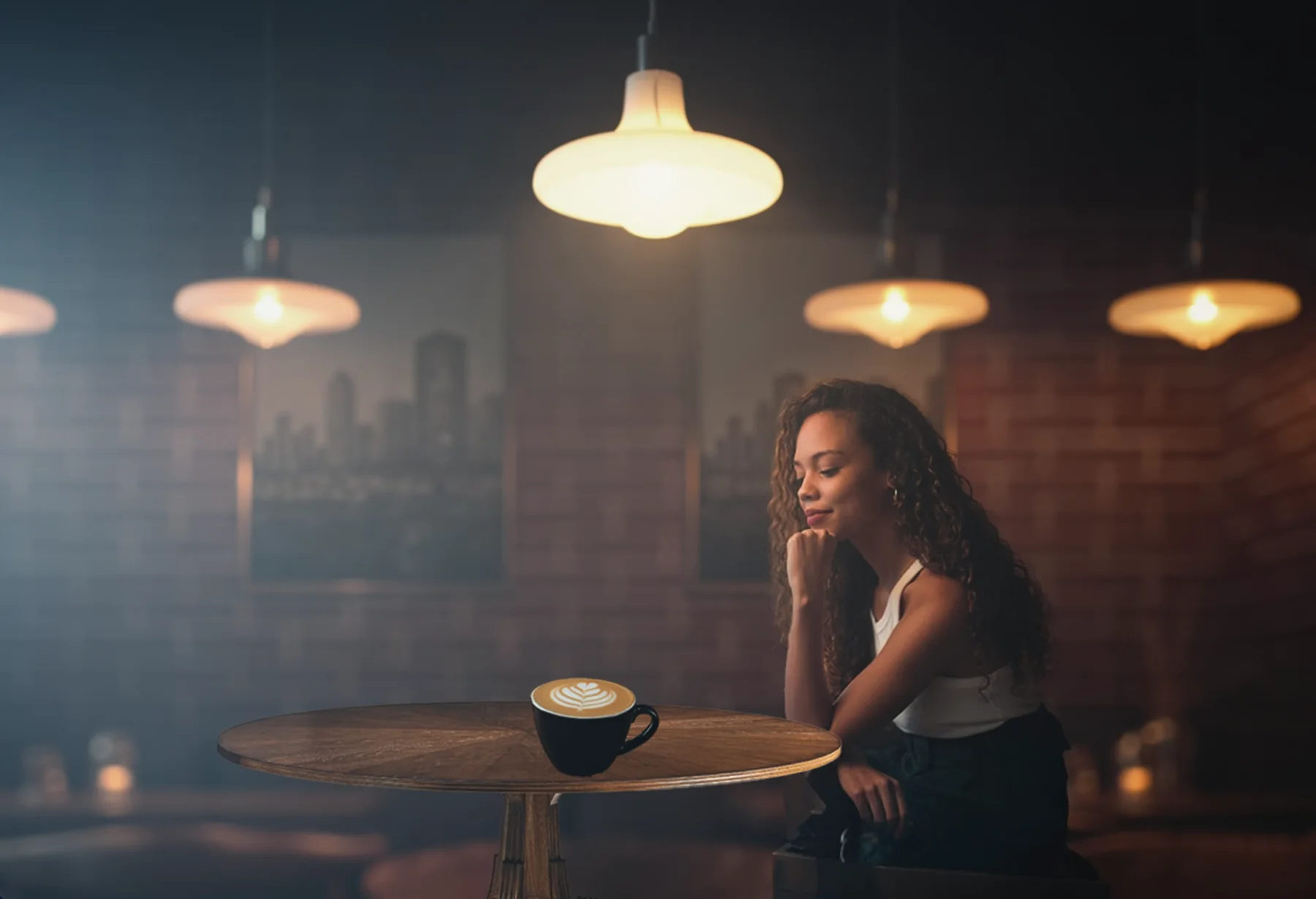 Soft and hazy café interpretation retaining the woman, cup, table, and hanging lights.