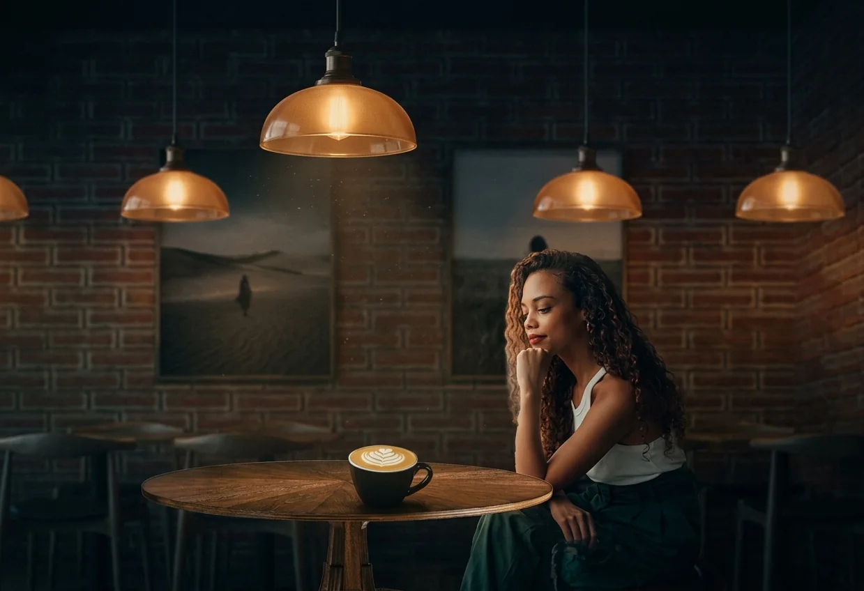 Unified café interpretation with a brick wall, pendant lights, and a woman seated at the right.