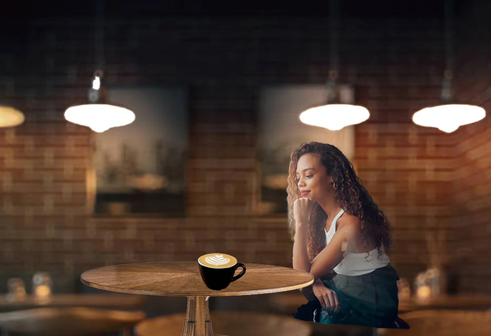 Human-assembled café collage with a woman on the right, a round table, coffee, pendant lamps, and brick walls.