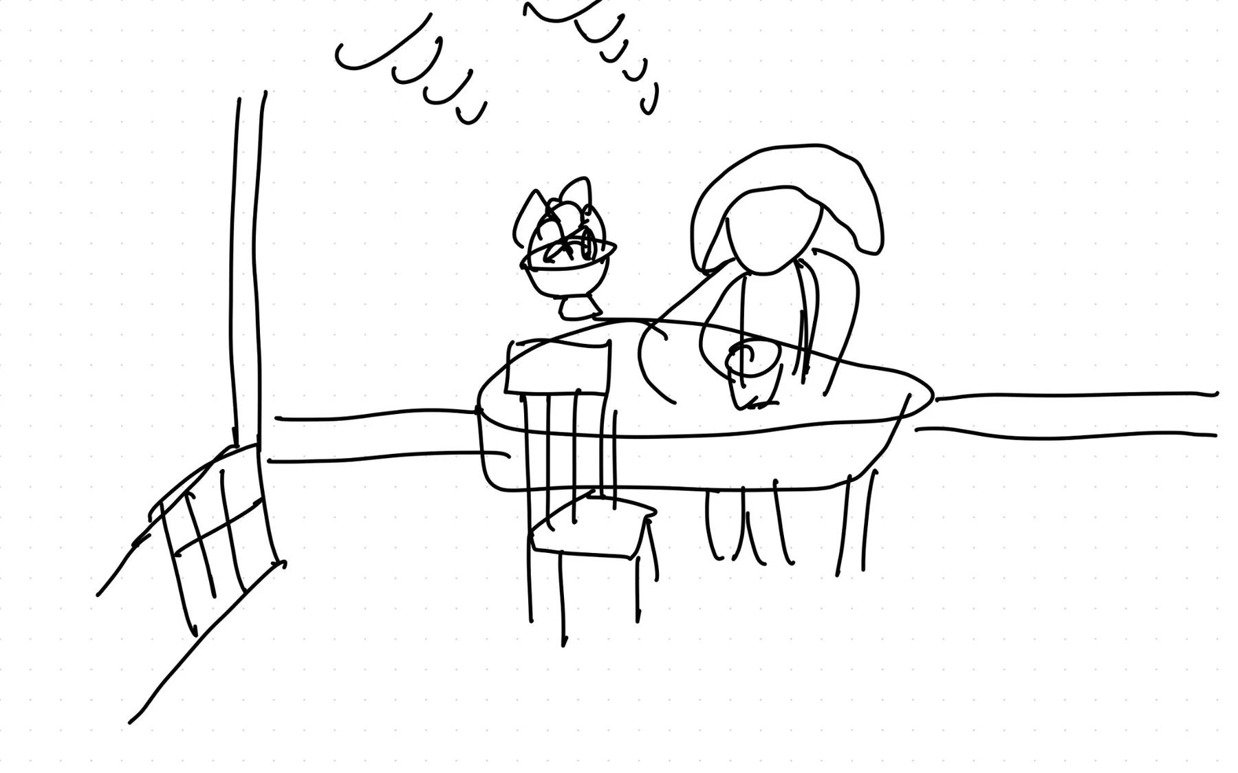 Black-line composition study of a seated woman, cup, table, chairs, and receding ceiling lights.