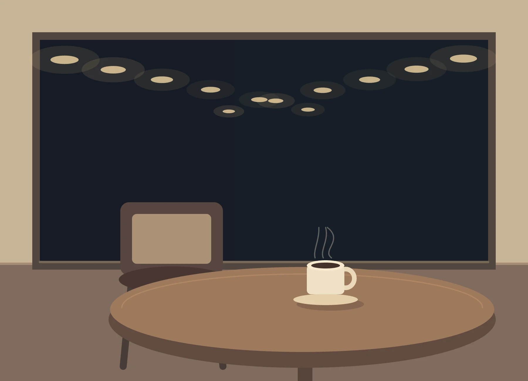 Actual p5.js canvas: an empty chair and coffee cup in front of a dark window with two rows of reflected lights.