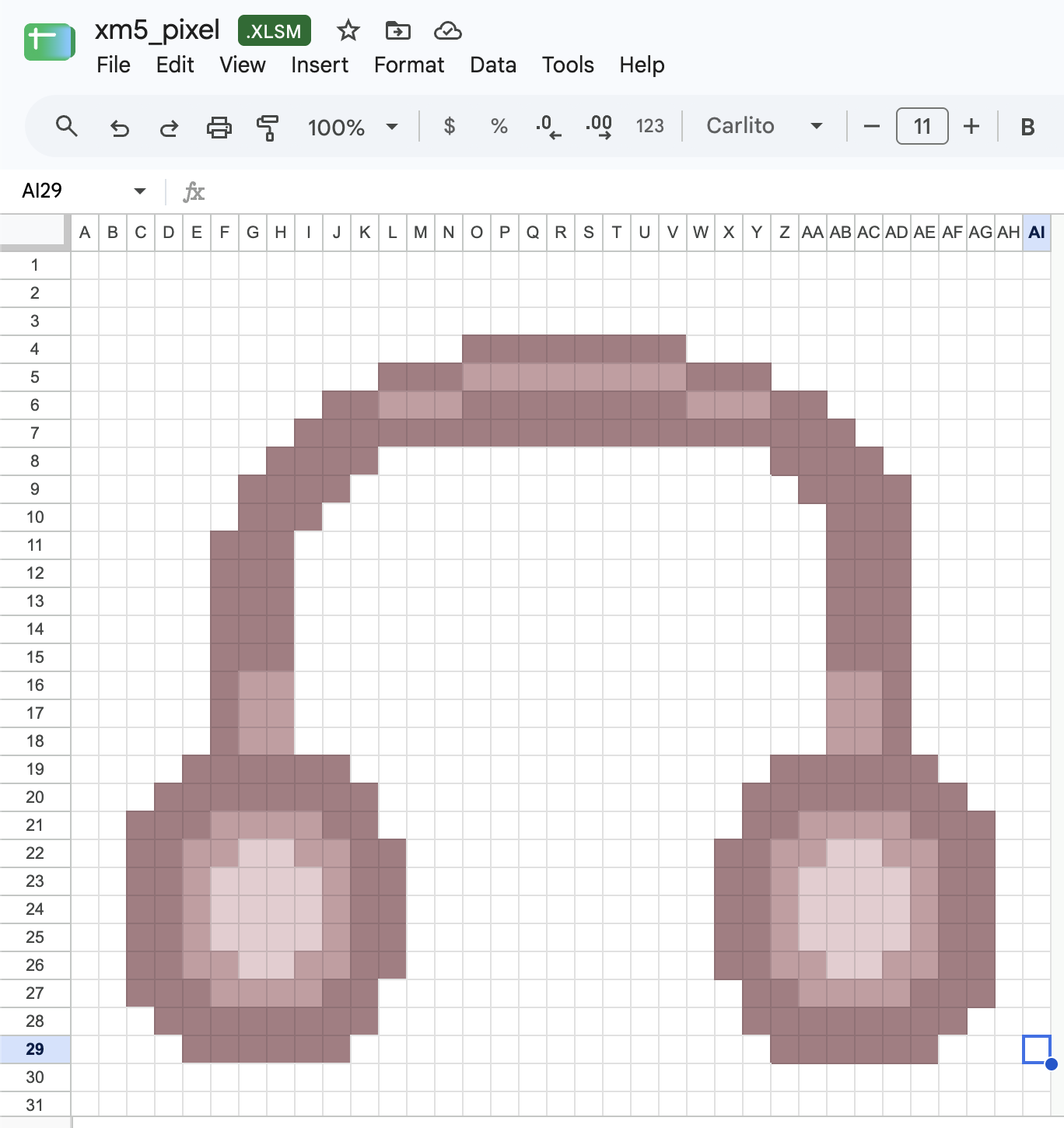 Pixel headphones drawn with colored Google Sheets cells