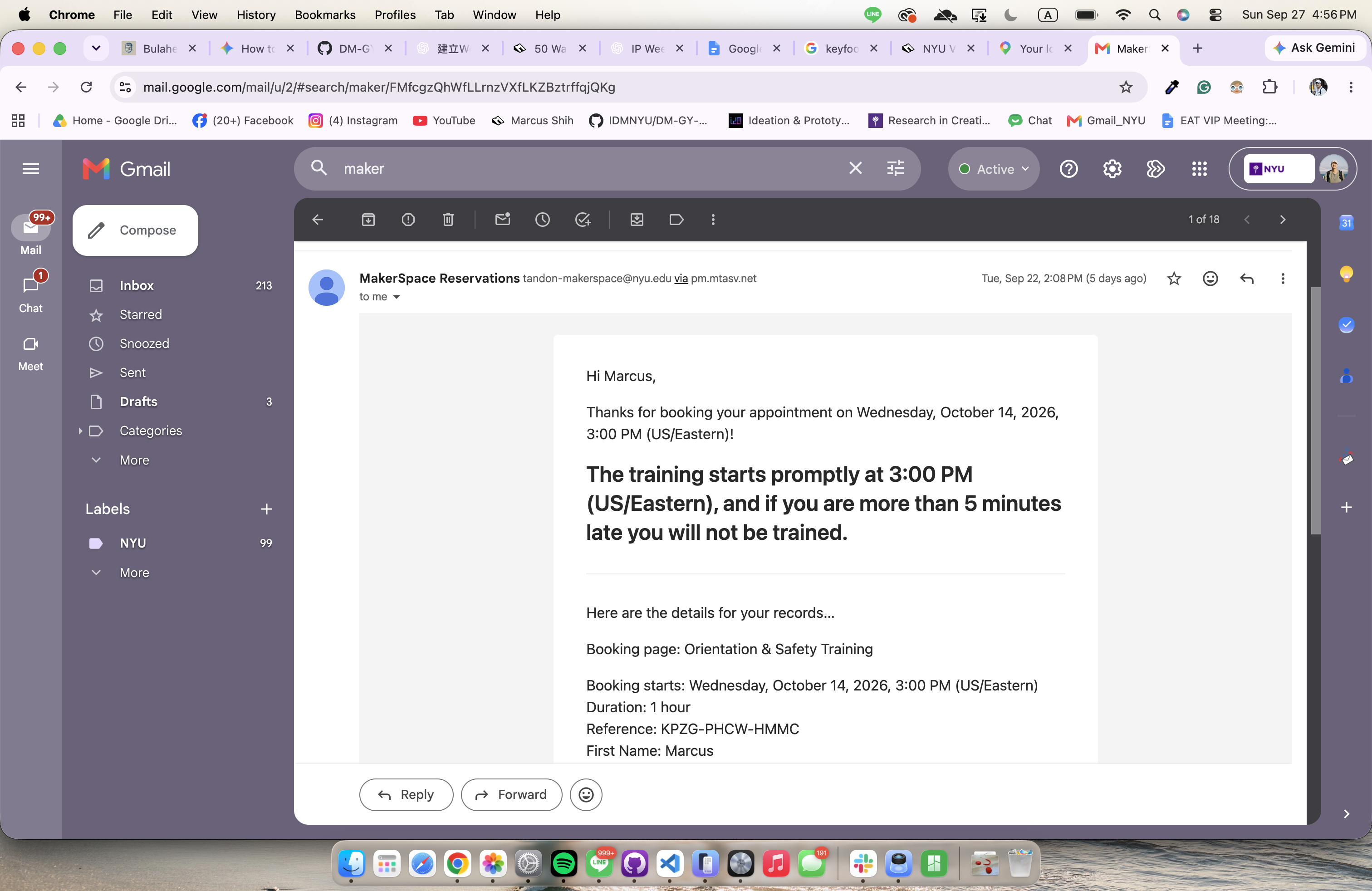 Confirmation of the October 14 MakerSpace orientation reservation.