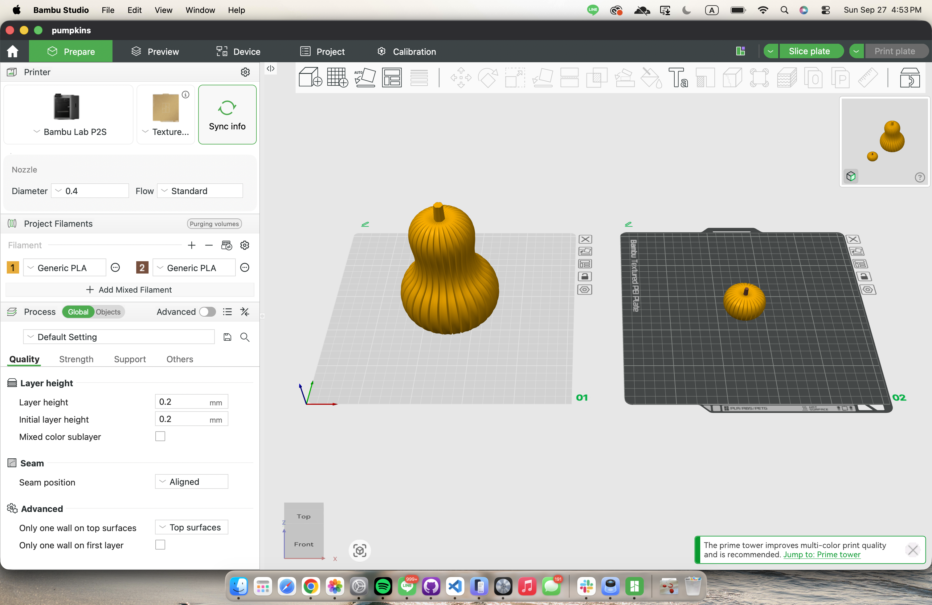 Pumpkin models at different scales in Bambu Studio.