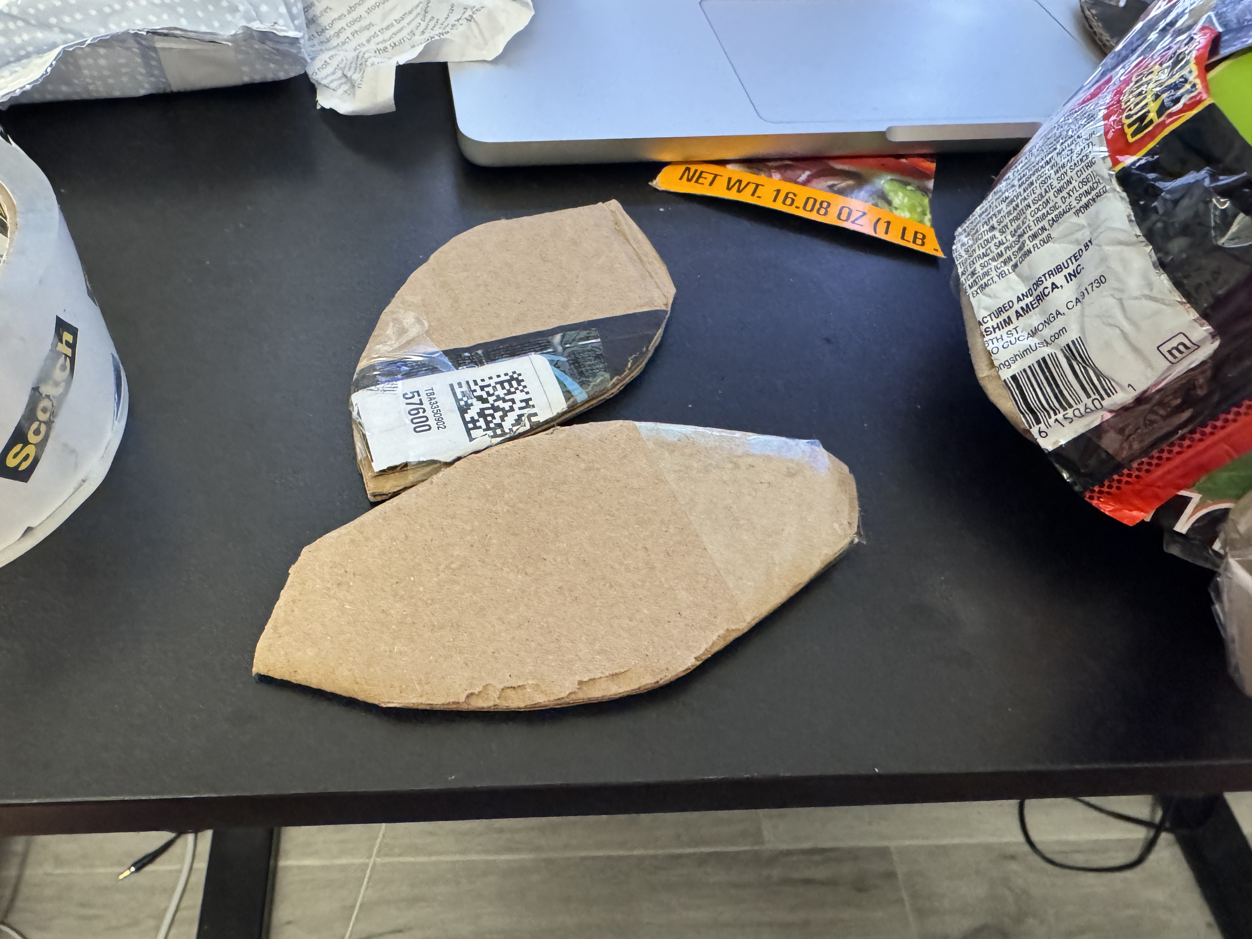 Two curved cardboard pieces cut into possible turtle flipper shapes.