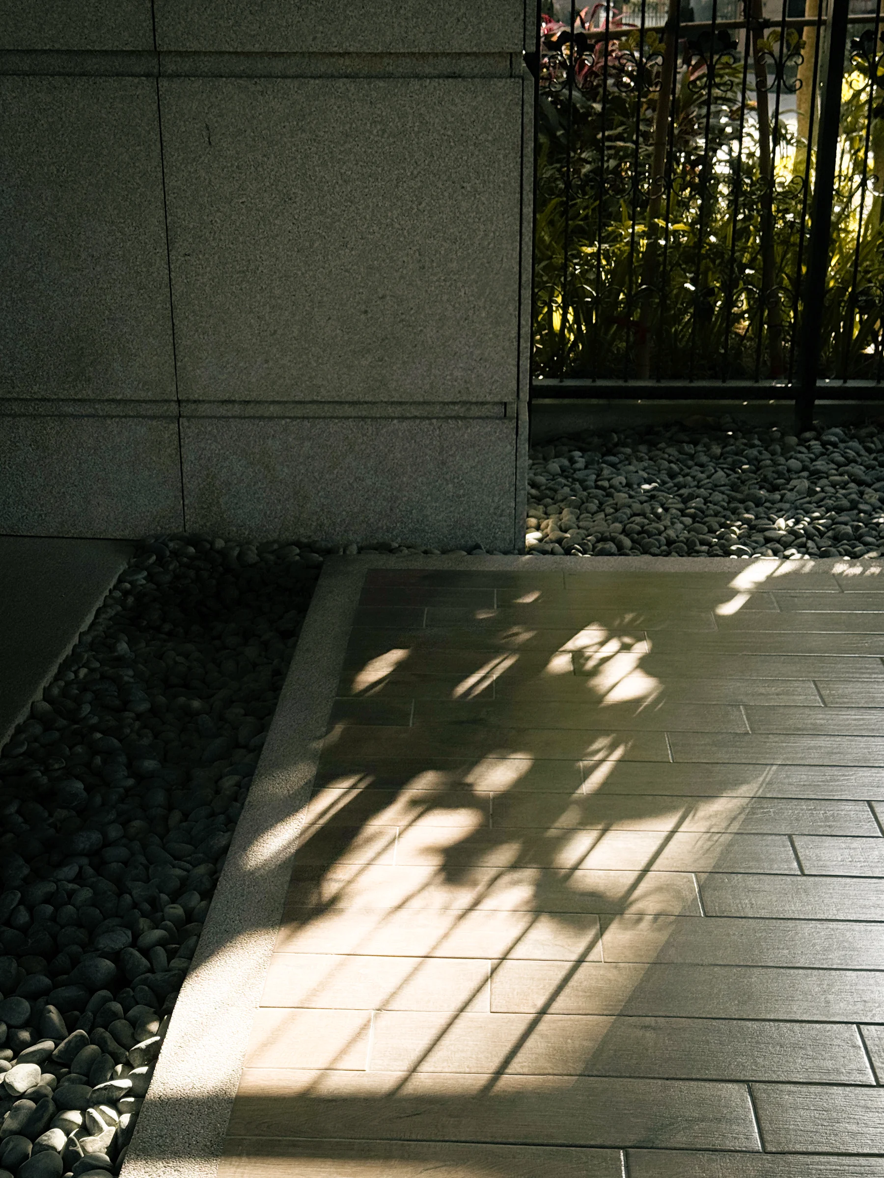 Dappled sunlight falls across a tiled floor beside a shaded wall.