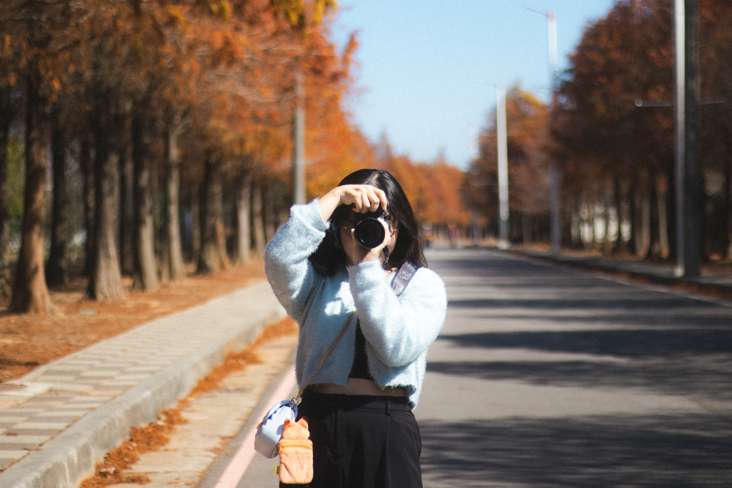 A person raises a camera to their face on a road lined with autumn trees.