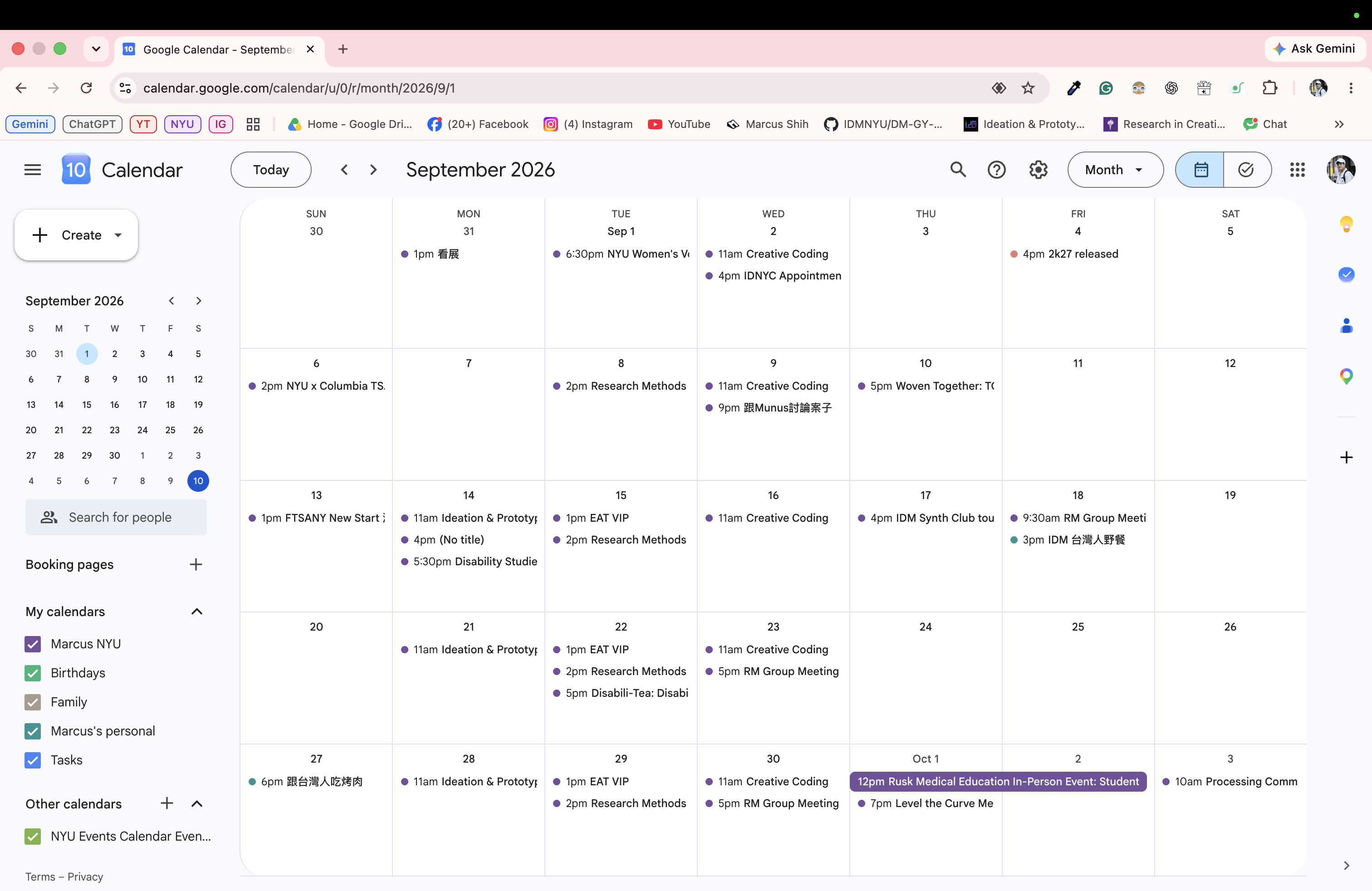 Google Calendar's September 2026 month view with color-coded classes, meetings, appointments, and open dates.