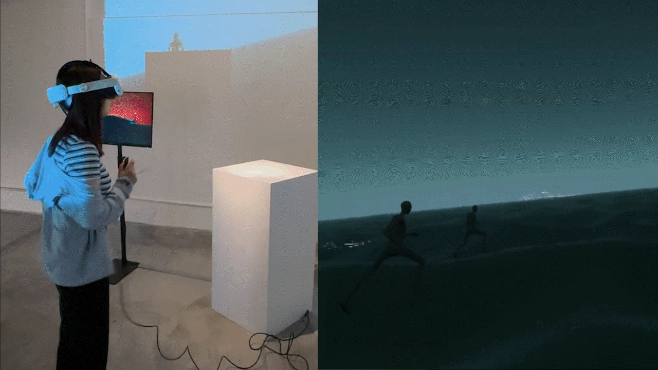 A participant wearing a VR headset alongside a view of the virtual running environment.