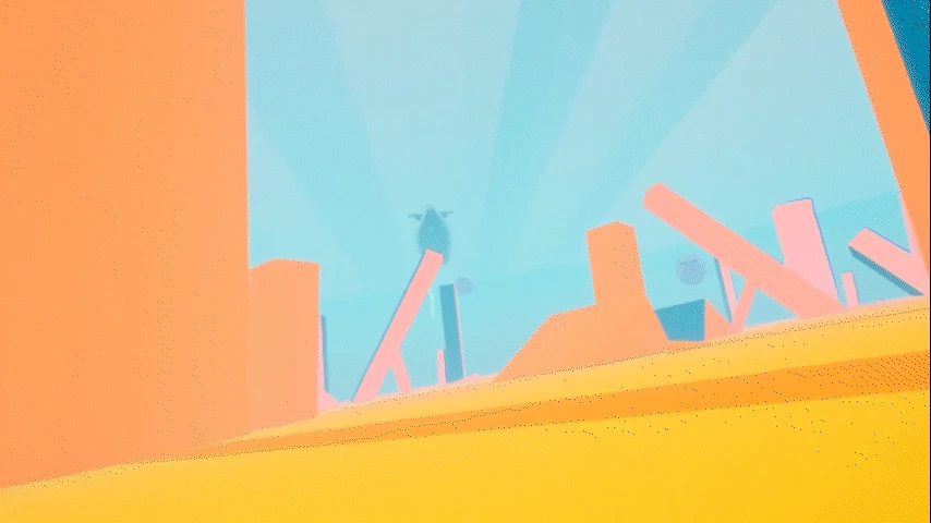 Animated view of brightly colored figures running through the virtual environment.