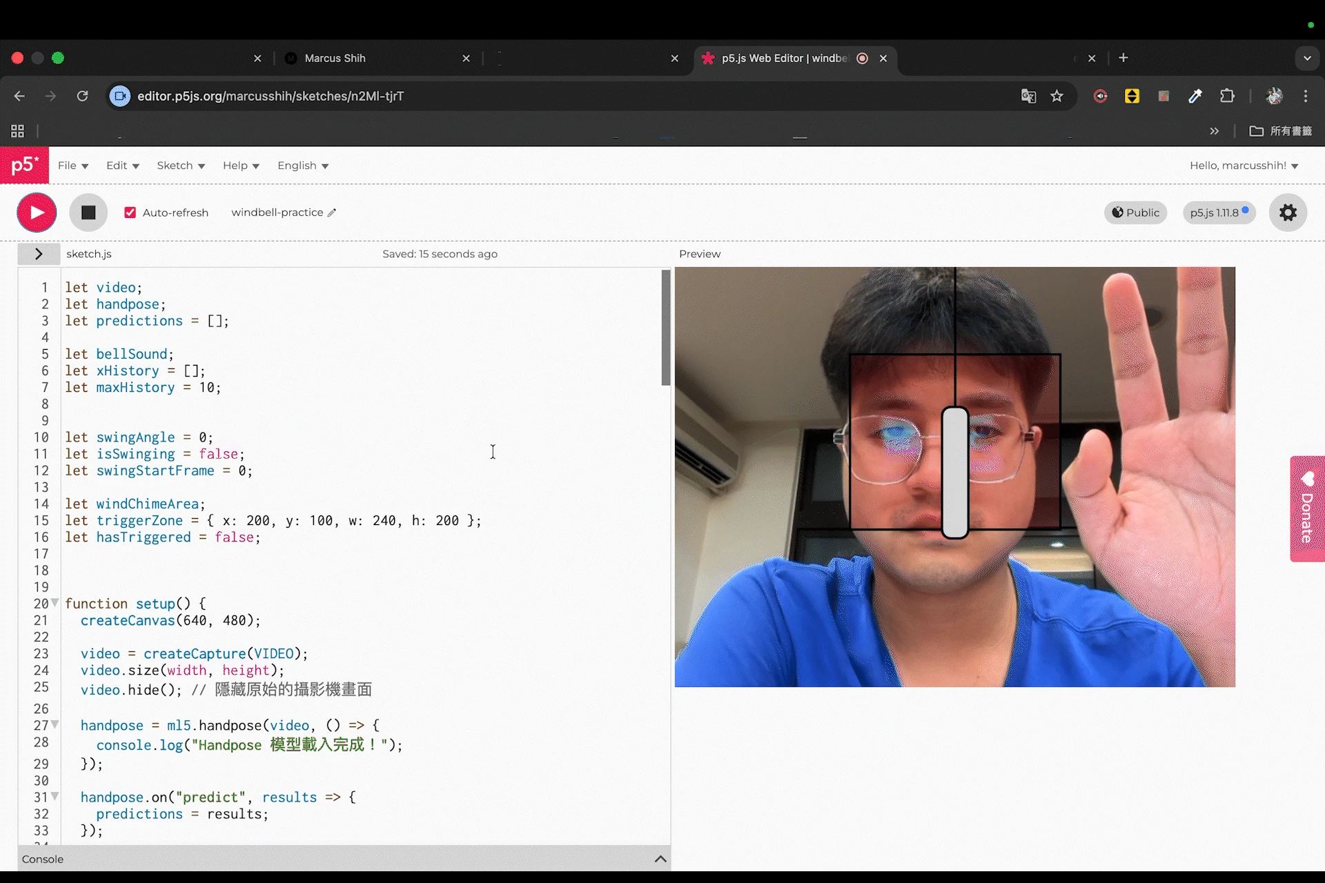 Gesture-recognition prototype tracks hand and face landmarks in a webcam preview beside the code editor.